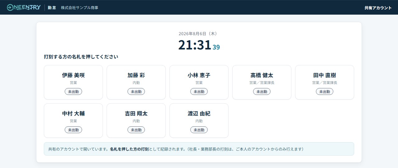 勤怠の画面。社員の名札が並び、出勤しているかがひと目で分かる