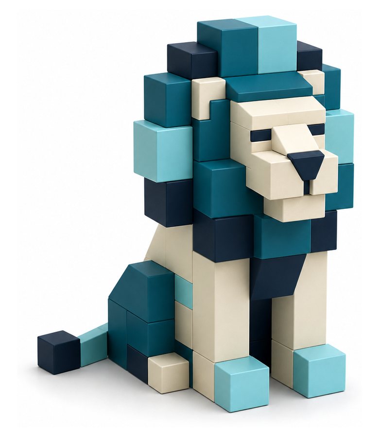 既製のブロックを組み合わせて作ったライオン。輪郭が階段状に残っている