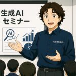 TDC NEXUSのロゴが入ったネイビーのシャツを着た若い男性が、生成AIセミナーでプレゼンテーションをしている様子。背後のスクリーンには『生成AIセミナー』と書かれたタイトルとグラフのイラストが映っており、複数の聴衆が講義に注目している。