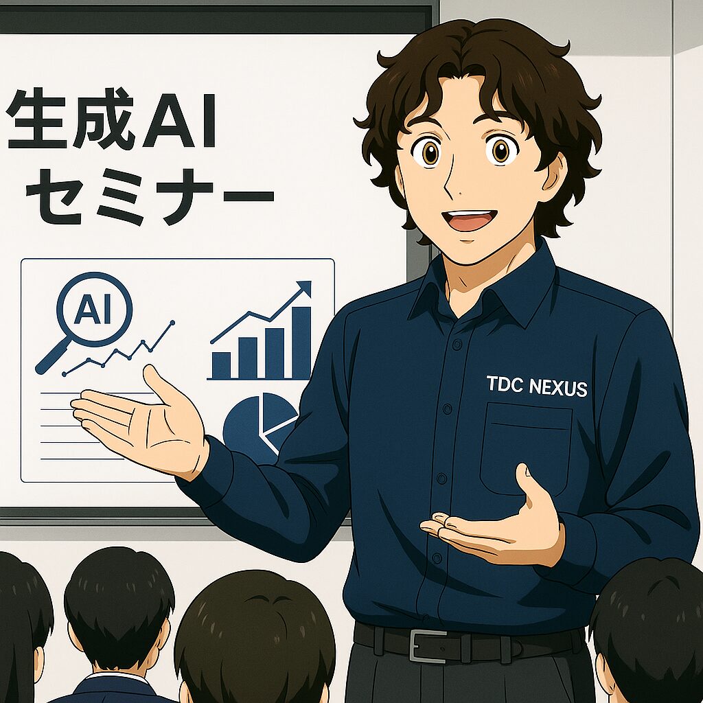 TDC NEXUSのロゴが入ったネイビーのシャツを着た若い男性が、生成AIセミナーでプレゼンテーションをしている様子。背後のスクリーンには『生成AIセミナー』と書かれたタイトルとグラフのイラストが映っており、複数の聴衆が講義に注目している。