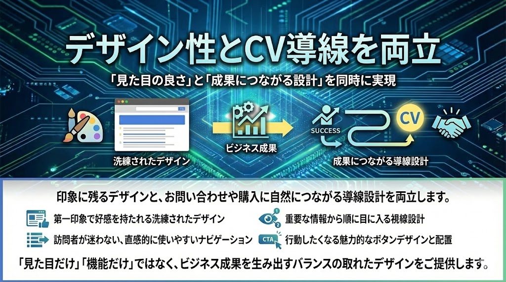 ■ デザイン性とCV導線を両立

「見た目の良さ」と「成果につながる設計」を同時に実現

印象に残るデザインと、お問い合わせや購入に自然につながる導線設計を両立します。

第一印象で好感を持たれる洗練されたデザイン

訪問者が迷わない、直感的に使いやすいナビゲーション

重要な情報から順に目に入る視線設計

行動したくなる魅力的なボタンデザインと配置

「見た目だけ」「機能だけ」ではなく、ビジネス成果を生み出すバランスの取れたデザインをご提供します。