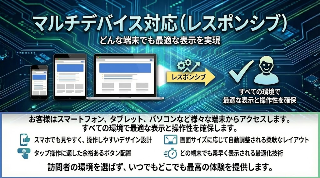 ■ マルチデバイス対応（レスポンシブ）

どんな端末でも最適な表示を実現

お客様はスマートフォン、タブレット、パソコンなど様々な端末からアクセスします。すべての環境で最適な表示と操作性を確保します。

スマホでも見やすく、操作しやすいデザイン設計

画面サイズに応じて自動調整される柔軟なレイアウト

タップ操作に適した余裕あるボタン配置

どの端末でも素早く表示される最適化技術

訪問者の環境を選ばず、いつでもどこでも最高の体験を提供します。