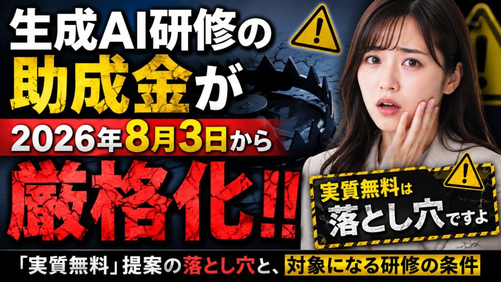 生成AI研修の助成金が2026年8月3日から厳格化されたことを表すイメージ画像