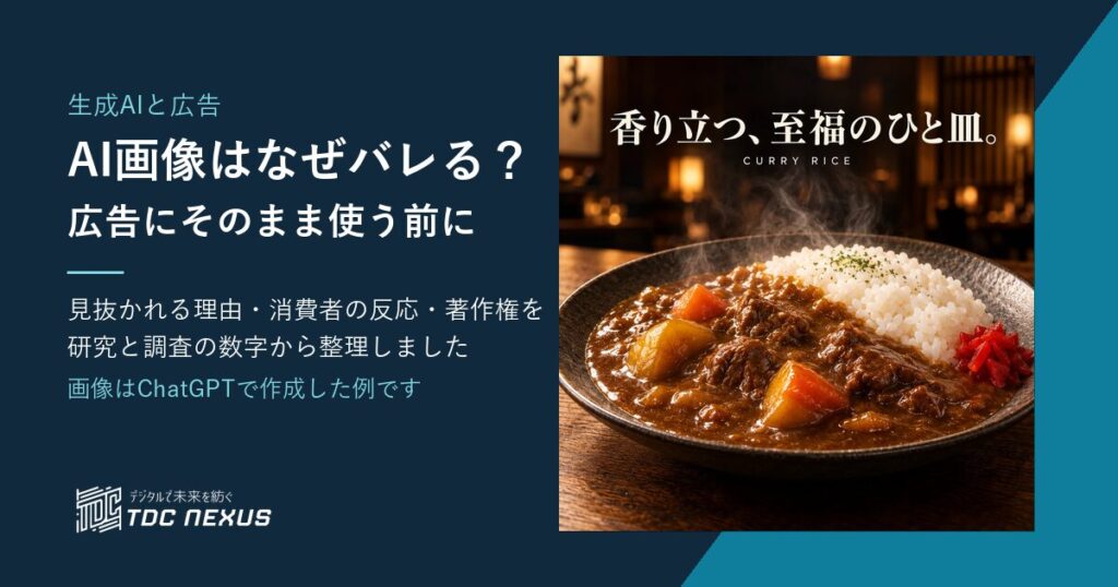 ChatGPTで作成したカレーの広告画像と「AI画像はなぜバレる?広告にそのまま使う前に」の見出し